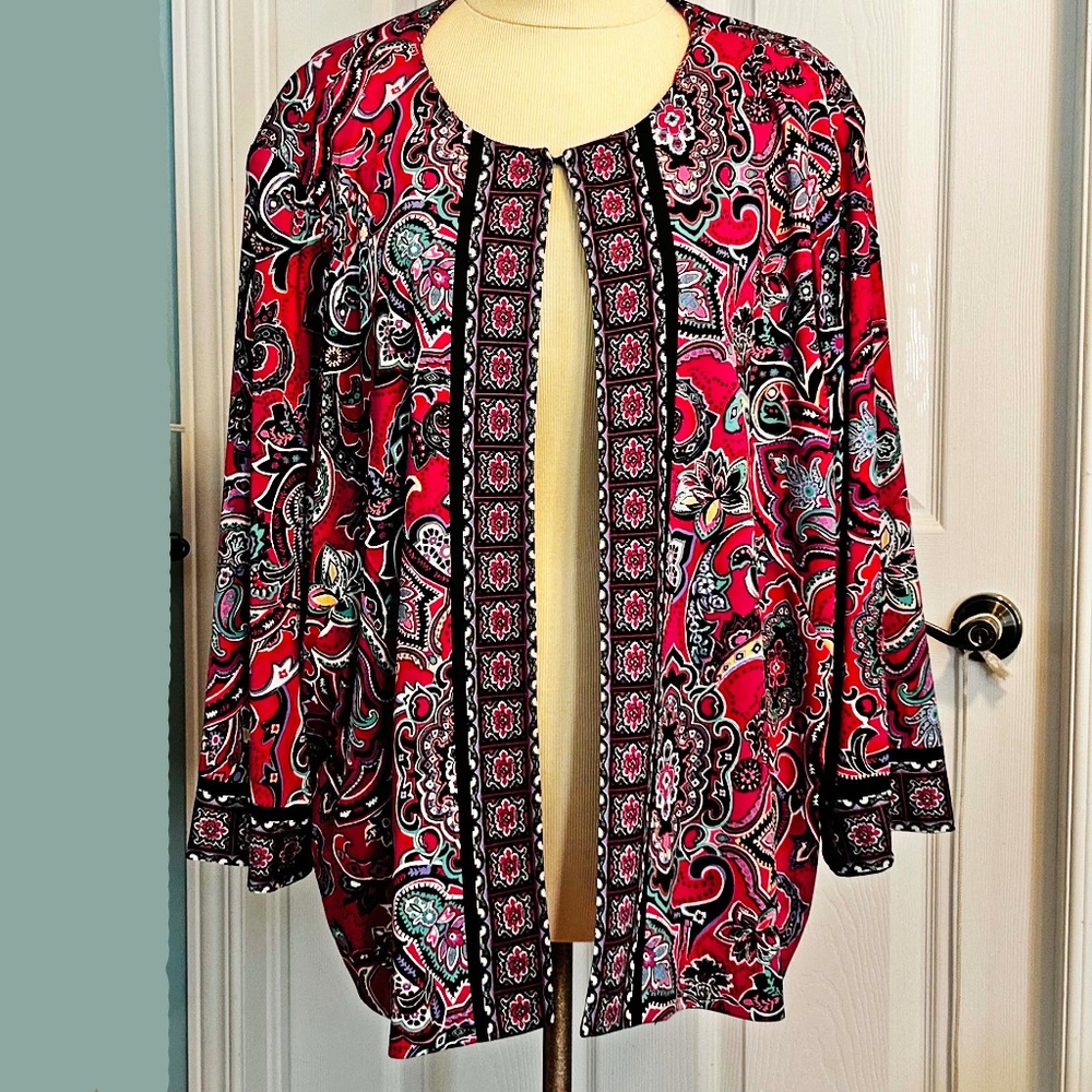 JACKET, KNIT, PINK MULTI, SIZE 3X, ¾ SLEEVES, HOOK & EYE FRONT, FRONT DARTS,